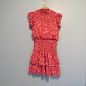 AQUA Pink Printed Smocked Flutter Sleeve Mini Dress Sz S Gold Metallic